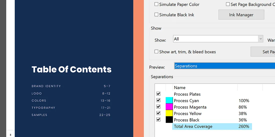 Example of how to view ink coverage in Adobe Reader
